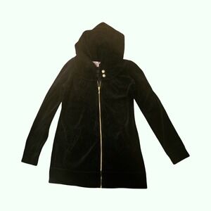 Juicy Couture Black Velour Longline Full Zip Hoodie Gold Crest Buttons Womens M